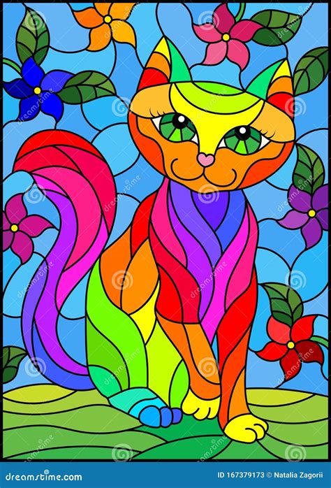 Stained Glass Illustration With A Rainbow Cute Cat On A Background Of Meadows Bright Flowers