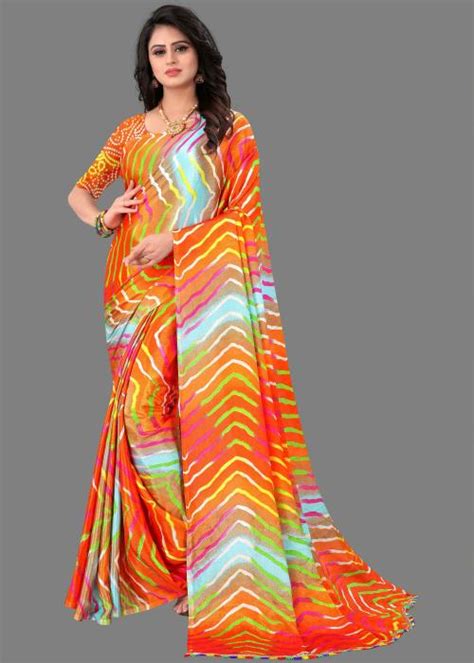 Buy Laheja Women Orange Printed Poly Silk Single Saree Online At Best