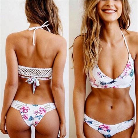 Sexy Flower Bikini Set Retro Women Push Up Bra Bandeau Bikinis Padded Summer Female Biqinis Lace