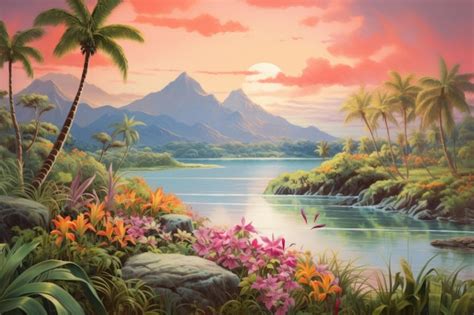 Tropical Island Painting Landscape Outdoors Premium Ai Generated Image