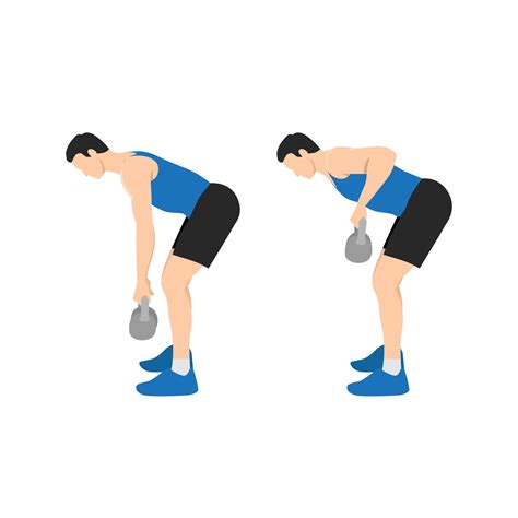 Man Doing Two Arm Kettlebell Row Exercise Flat Vector Illustration