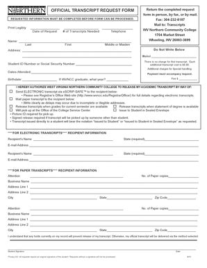 Fillable Online Wvncc Official Transcript Request Form Wvncc Fax