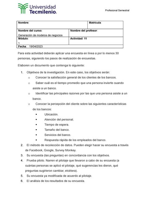 Act 11 modelo de negocios Profesional Semestral Nombre Matrícula