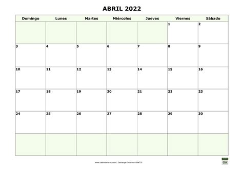 Plantilla Calendario Abril Para Imprimir Pdf