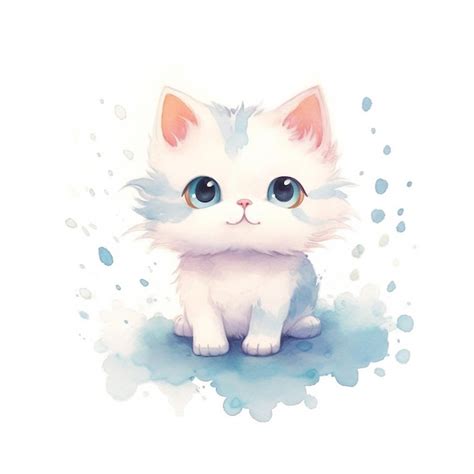 Una Pintura De Acuarela De Un Gatito Blanco Con Ojos Azules Foto Premium