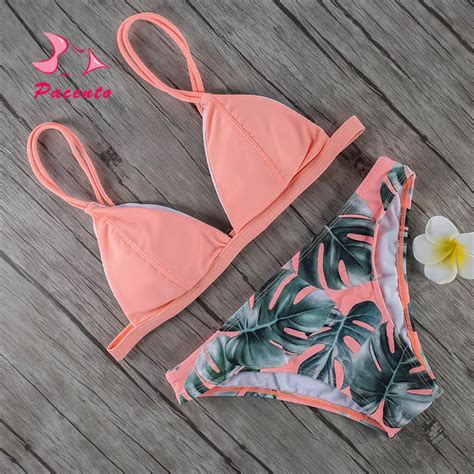 Pacento New Solid Swimwear Plam Leaf Swimsuit Women Sling Bikini