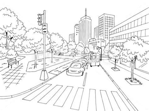 Street Road Graphic Black White City Landscape Sketch Illustration