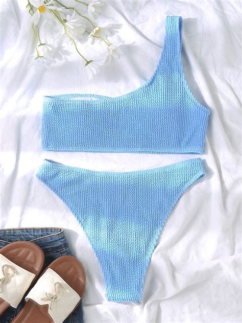 Emmiol Free Shipping 2024 One Shoulder Smocked Bikini Set Blue L In