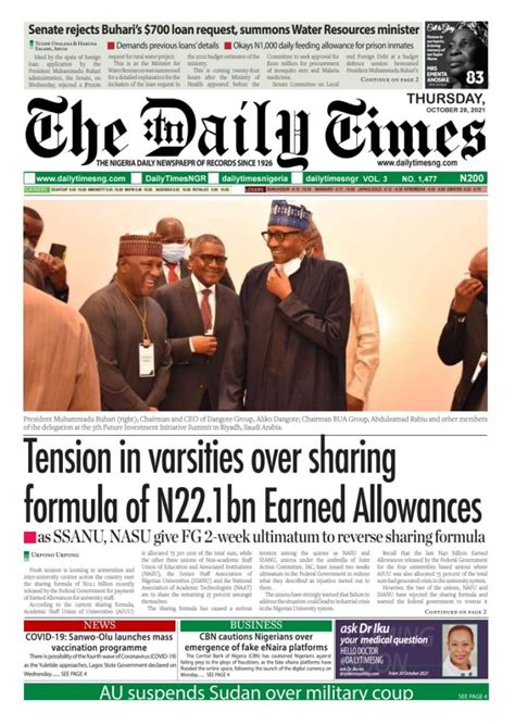 Nigerian Newspapers Daily Front Pages Review Thursday 28 October 2021