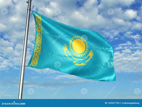 Kazakhstan Flag Waving With Sky On Background Realistic 3d Illustration