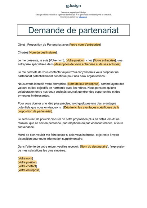 Demande de partenariat Modèle de mail ou de lettre gratuit Edusign