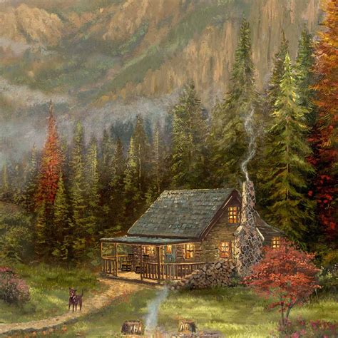 Thomas Kinkade Log Cabin Painting