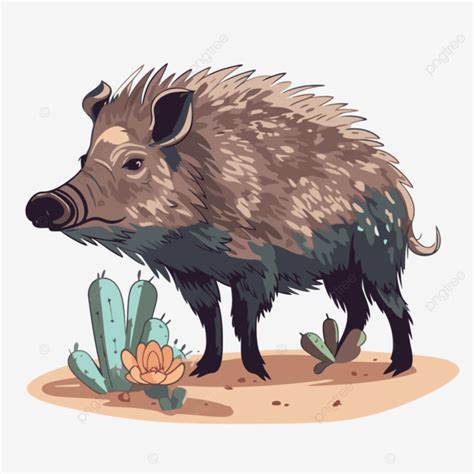 Javelina Clipart Cartoon Wild Boar With Cactus And Wild Flowers Vector ...
