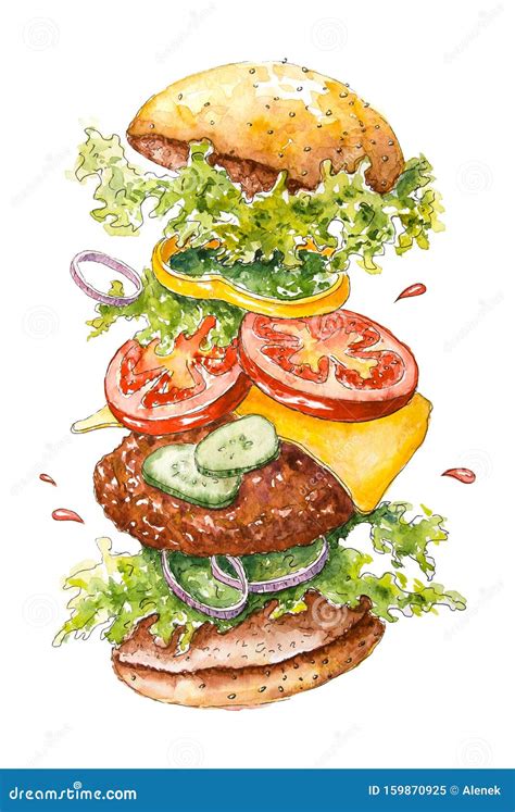 Watercolor Flying Burger Beef Hamburger With Steak Cheese Bacon