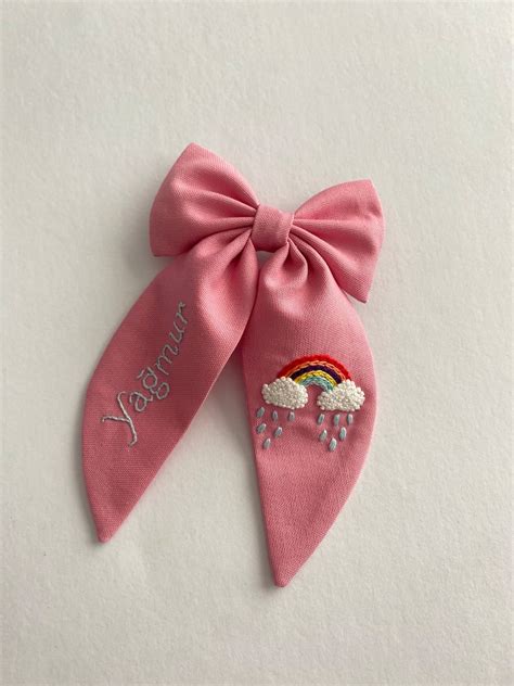 Personalized Named Hand Embroidered Hair Bow Rainbow And Rain Cloud