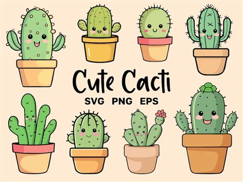 Cute Cactus Svg Clipart Cacti Png Bundle Kawaii Cactus Etsy