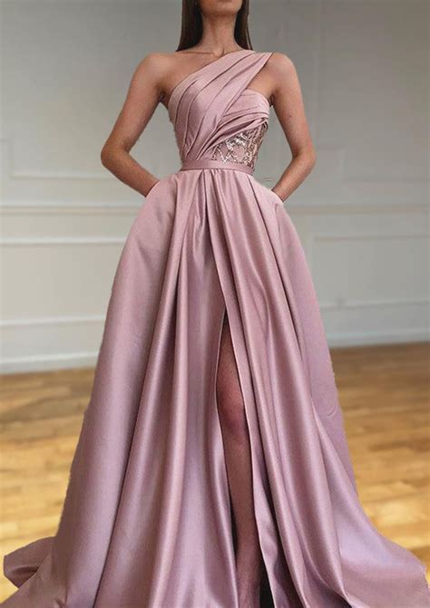 A Line One Shoulder Sleeveless Sweep Train Satin Prom Dresses With