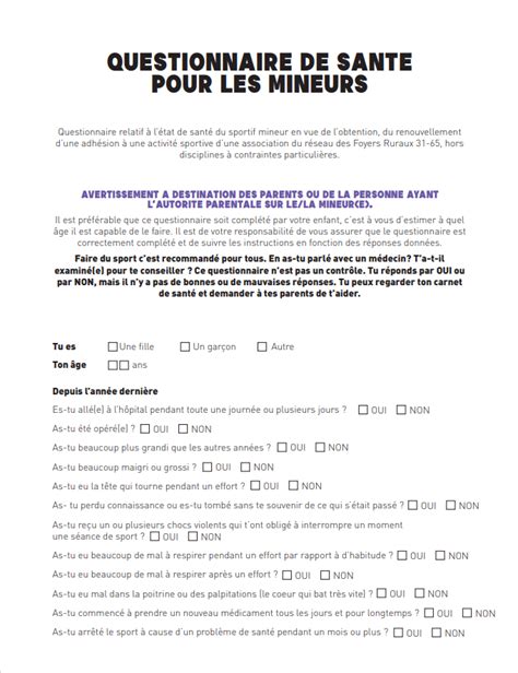 Le Questionnaire De Sant Pour Mineur F D Ration D Partementale Des