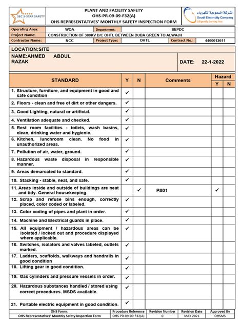 Ohs Pr 09 09 F32 A Ohs Representatives Monthly Safety Inspection