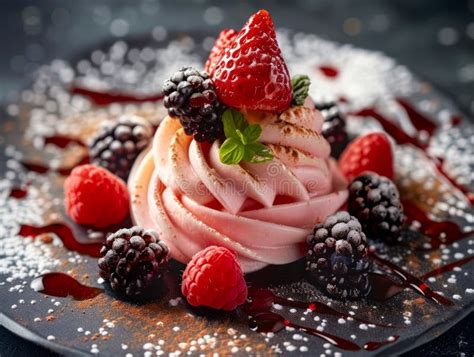 Postre Dulce De Merengue De Berry Fresco Con Crema Batida Y Llovizna De