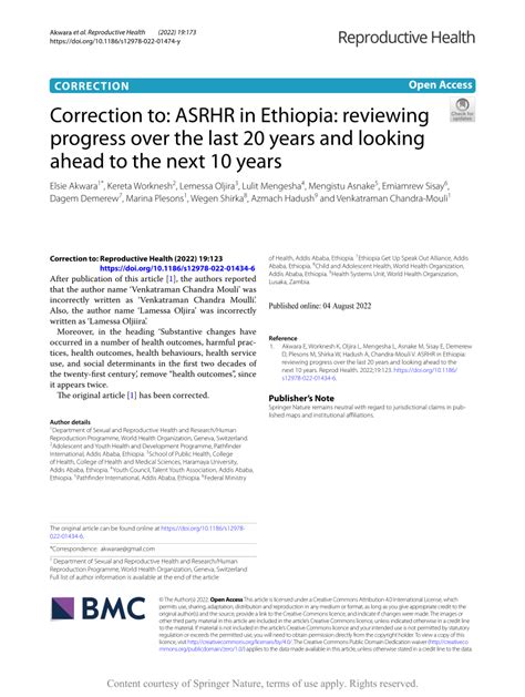 Pdf Correction To Asrhr In Ethiopia Reviewing Progress Over The