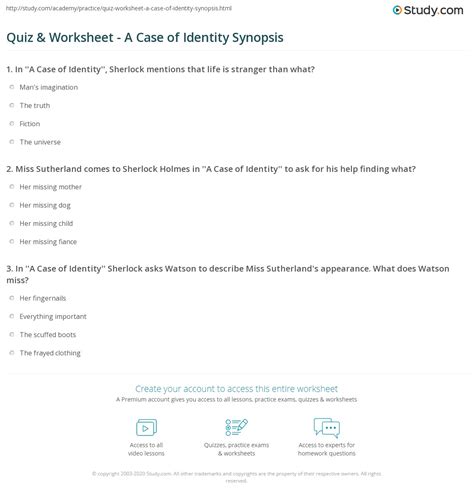 Quiz And Worksheet A Case Of Identity Synopsis