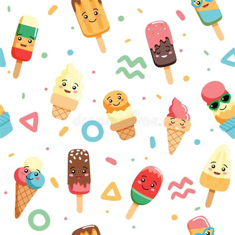 Cute Kawaii Ice Cream Seamless Pattern With Geometric Forms Different Characters Vector