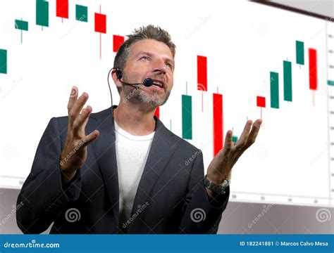 Confident Successful Trader Man With Headset Speaking At Event Coaching