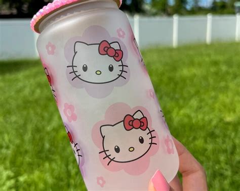 Pink Kawaii Kitty Daisy 16 Oz Frosted Beer Can Glass Cup Hello K Glass