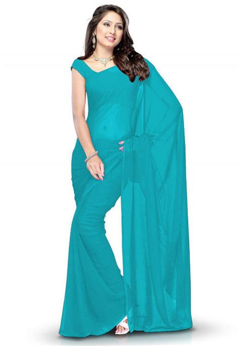 Buy Plain Georgette Saree In Teal Blue Online Seh Utsav Fashion