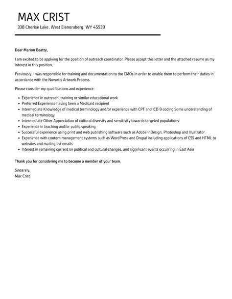 Outreach Coordinator Cover Letter Velvet Jobs