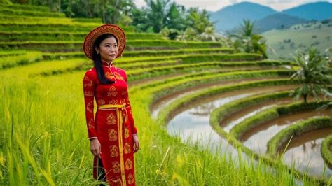 Premium Photo Asian Woman Wearing Vietnam Culture Traditional At Rice