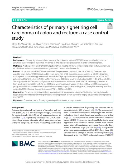 Pdf Characteristics Of Primary Signet Ring Cell Carcinoma Of Colon And Rectum A Case Control