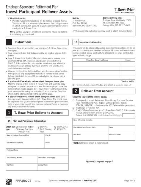 Fillable Online Invest Participant Rollover Assets Form T Rowe Price