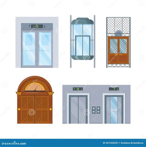 Lift Mechanisms Or Elevators Collection And Stairs Set. Doors Of Cabins ...