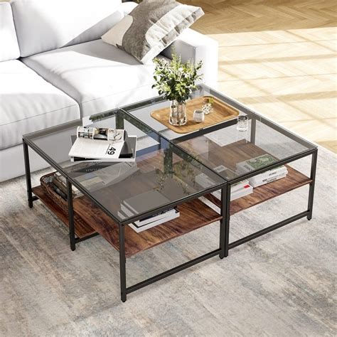 2 In 1 Glass Wood Coffee Table With 2 Tier Staggered Shelves Farmhouse Tea Center Table With