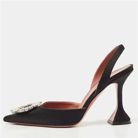 Amina Muaddi Black Satin Begum Crystal Embellished Slingback Pumps Size