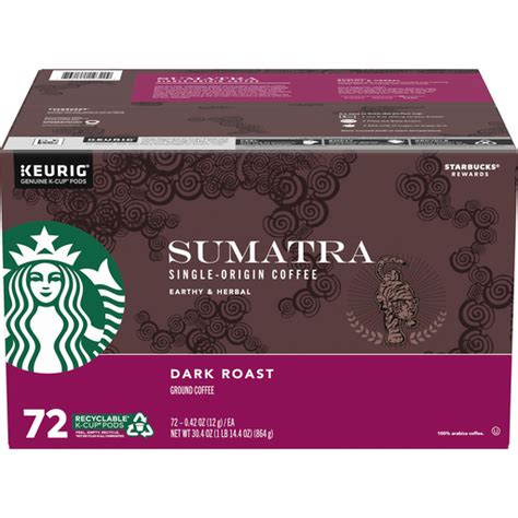 Starbucks Sumatra Dark Roast Ground Coffee K Cup Pods 72 Ct Box