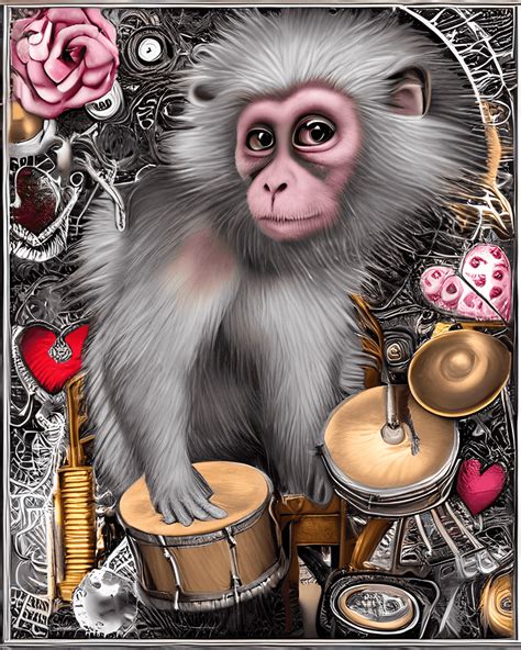 Adorable Steampunk Langur Monkey Playing Drums · Creative Fabrica