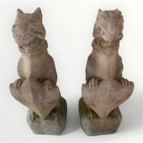 Two Large Cast Concrete Guardian Gargoyles Each Seated On A Plinth