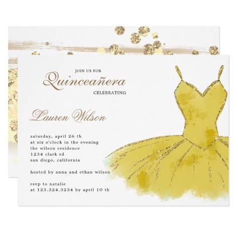 Gold Glitter Gown Quinceanera Invitation Zazzle Quinceanera