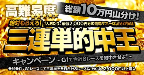 【高難易度】総額10万円！毎日2万円山分け！絶対もらえる！一人あたり、最低2000円分の競単マネーは山分け保証！三連単的中王キャンペーン！