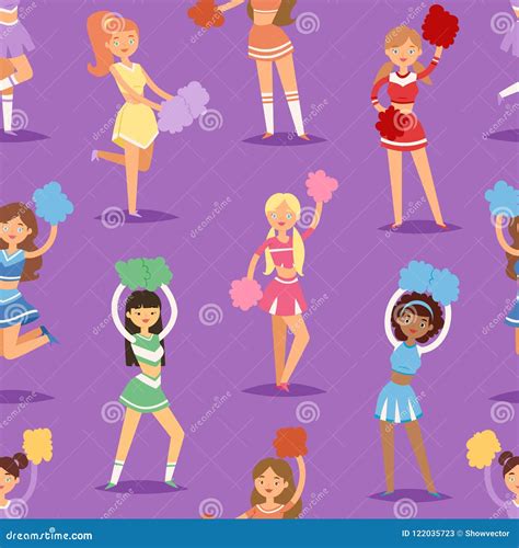 Cartoon Cheerleaders Girls Sport Fan Dancing Cheerleading Woman Team