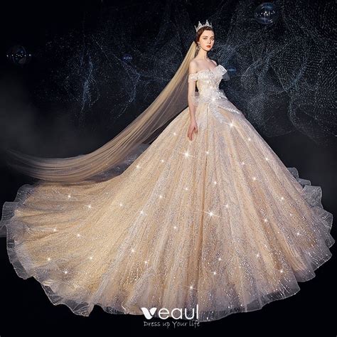 Glitzernden Champagner Brautkleider Hochzeitskleider 2019 Ballkleid