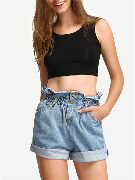 Ruffled Elastic Waist Rolled Hem Denim Shortsfor Women Romwe