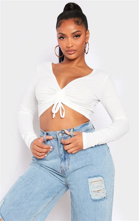 Shape White Rib Long Sleeve Ruched Front Crop Top Shape