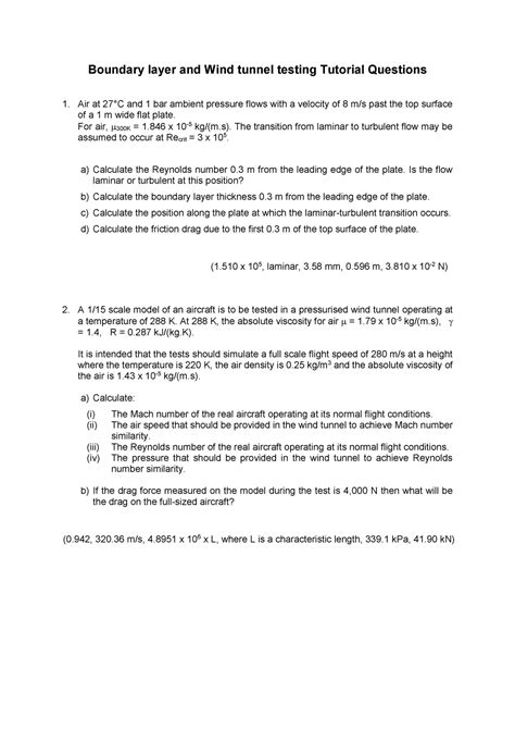 Boundary Layer And Wind Tunnel Testing Tutorial Questions For Air