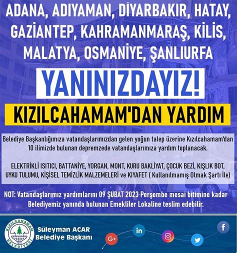 K Z Lcahamam Belediyesi Deprem B Lgesi I In Yard M Kampanyas Ba Latt