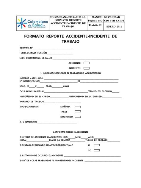 Formato Reporte De Accidente O Incidentes De Trabajo Pdf