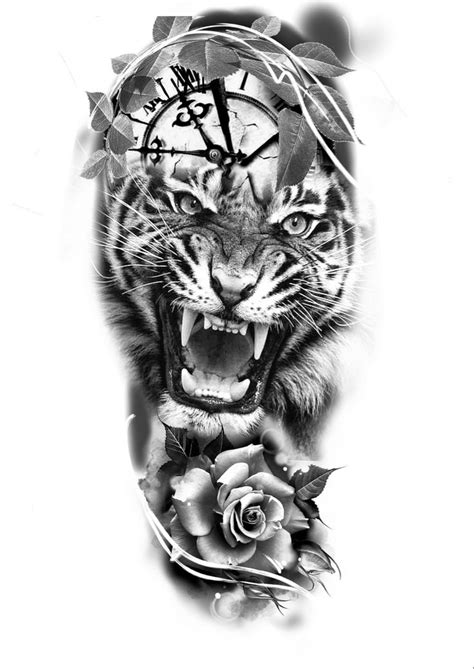 Эскиз тигр Роза и часы Tiger tattoo Tiger tattoo design Clock and